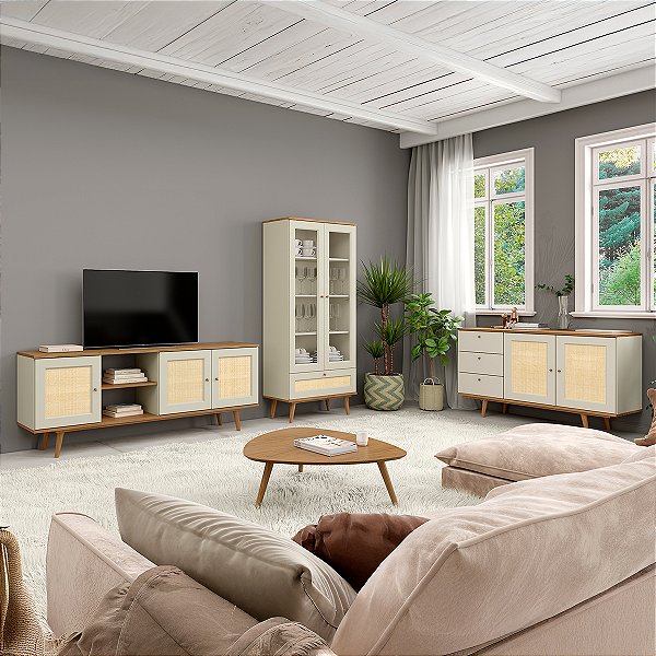 Conjunto Sala de Estar Retrô Completa MDF Palha Natural Louro e Luna