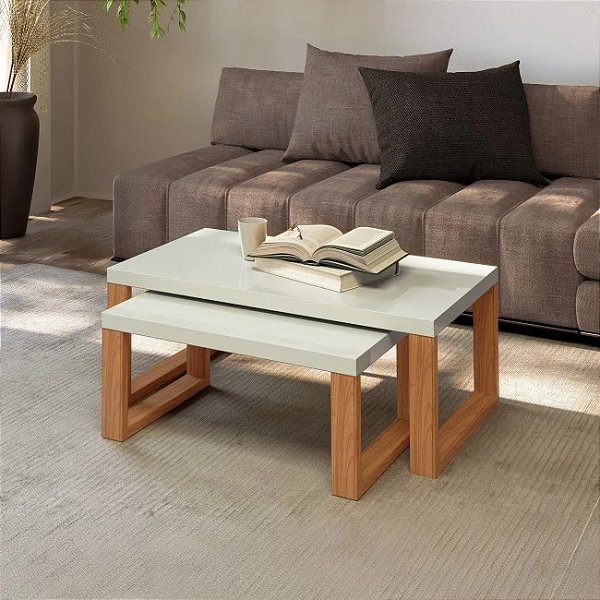 Conjunto Mesas de Centro Industrial em 100% MDF Off White e Freijó
