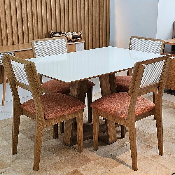 Conjunto Sala Jantar Mesa 135cm 100% MDF e 4 Cadeiras Palinha CA35
