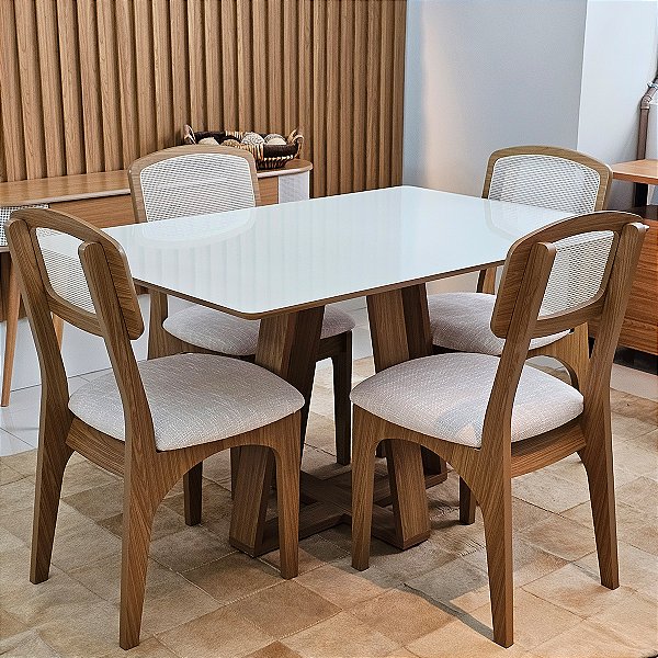 Conjunto Sala de Jantar Mesa 135cm 100% MDF e 4 Cadeiras com Tela CA40