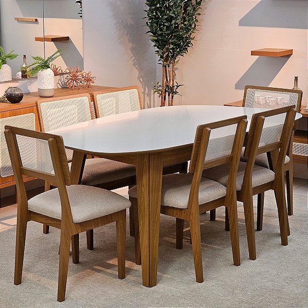 Conjunto Jantar Mesa Orgânica 180cm e 6 Cadeiras Palinha CA35 100% MDF