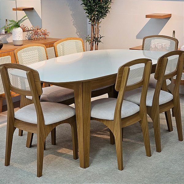 Conjunto Sala de Jantar Mesa Orgânica 180cm 6 Cadeiras com Palinha MDF