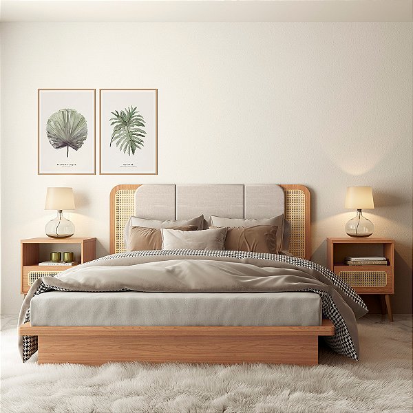 Conjunto Quarto Cama Casal Queen com Cabeceira e 2 Mesas Cabeceira MDF