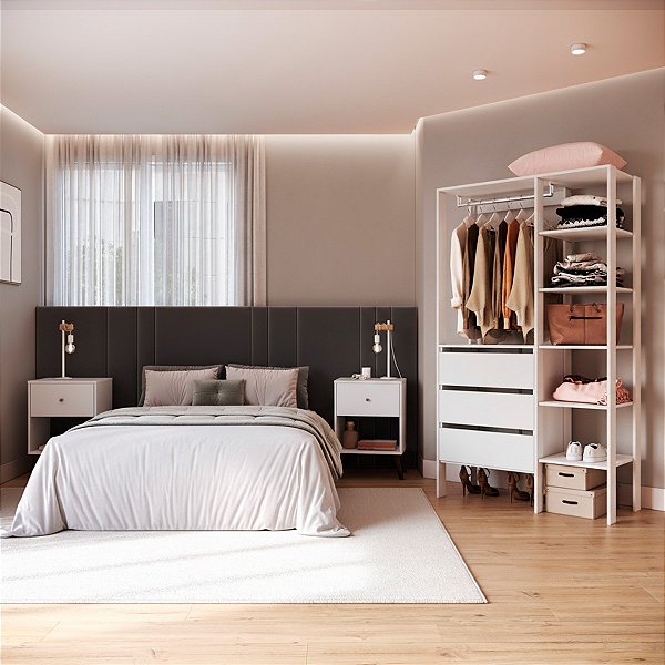 Conjunto Quarto Dormitório Closet e 2 Mesas de Cabeceira Retrô