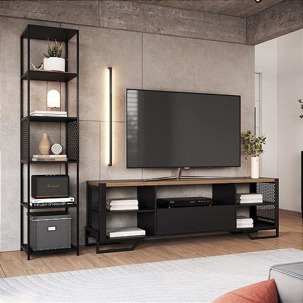 Conjunto Sala de Estar Industrial com Rack e Estante Alta