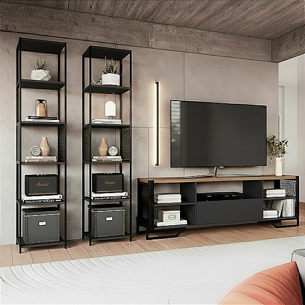 Conjunto Sala de Estar Industrial com Rack e Duas Estantes Altas