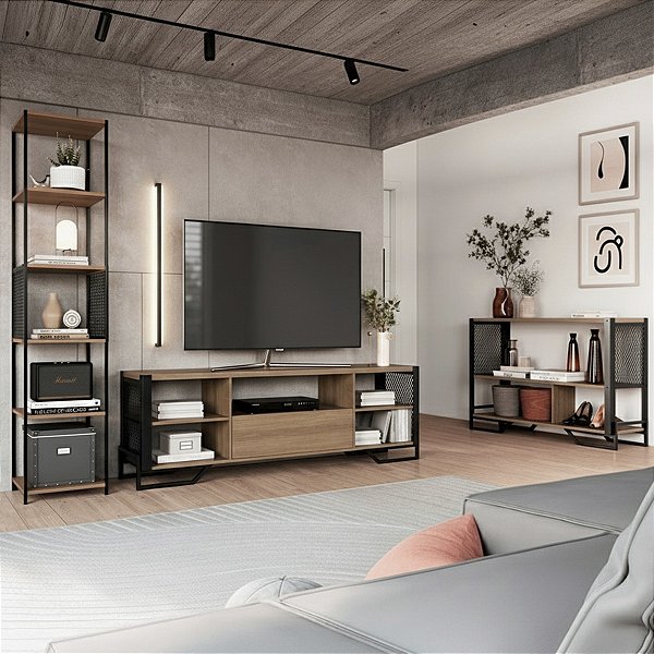 Conjunto Sala de Estar Industrial com Rack e Duas Estantes Teladas