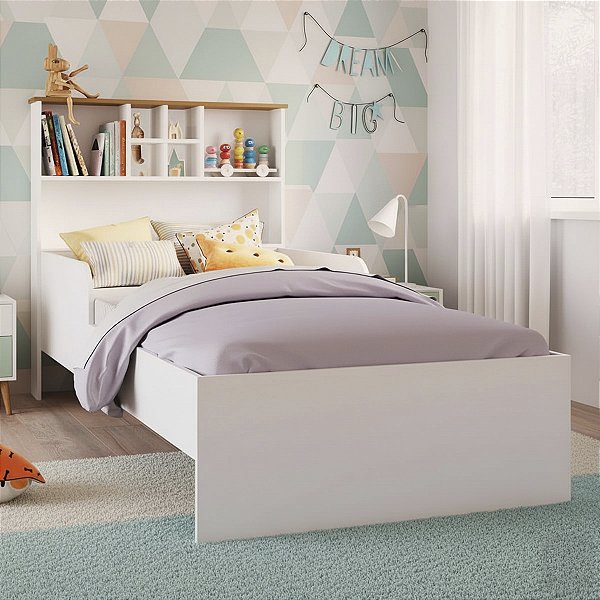 Cama de Solteiro com Protetores e Estante 207cm Branca