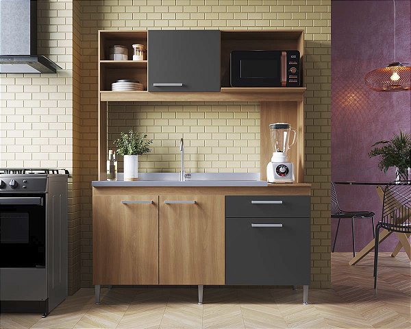 Conjunto Cozinha Beauty 151,5cm com 4 Portas e 1 Gaveta Rovere/Grafite