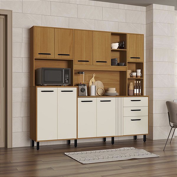 Conjunto Cozinha Sole 210cm 10 Portas 2 Gavetas Nature/Champanhe