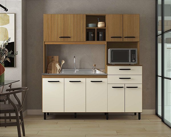 Conjunto Cozinha Taina 185,2cm 8 Portas 2 Gavetas Nature/Champanhe