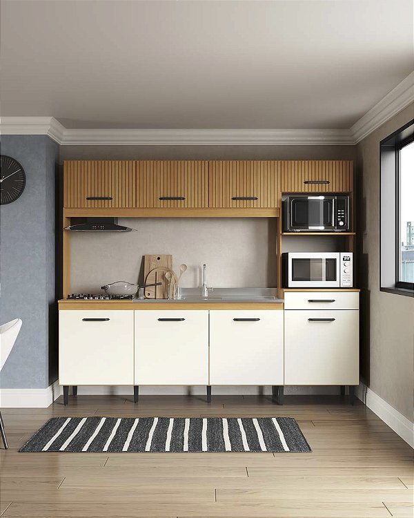 Conjunto de Cozinha Hortensia 241,20cm 8 Portas Nature/Champanhe