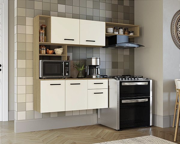 Conjunto Cozinha Suspenso Clover 122,4cm 5 Portas Nature/Champanhe