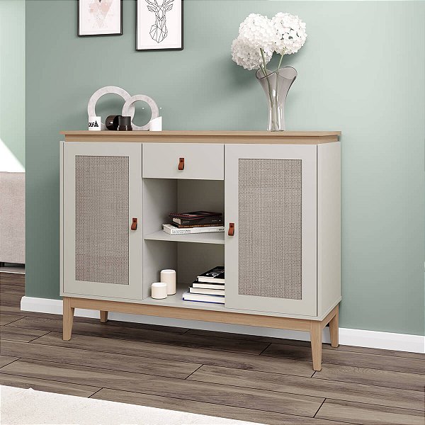 Aparador Trama 120cm com 2 Portas e 1 Gaveta Mel e Off White