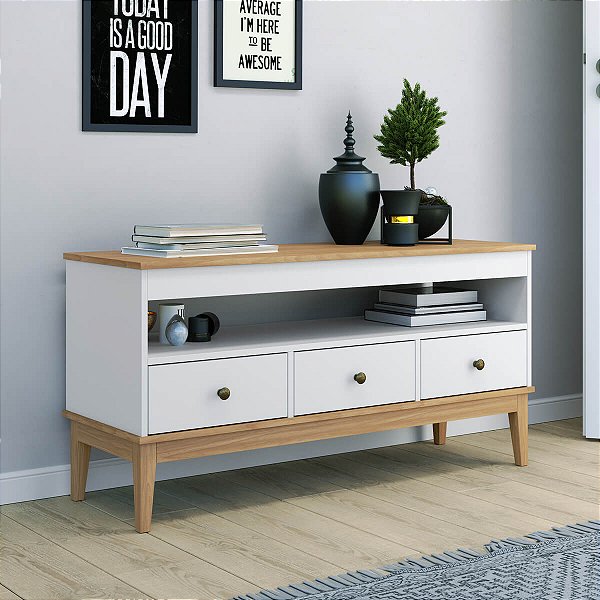 Rack para TV Colonial 120cm com Nicho e 3 Gavetas Puxadores em Metal