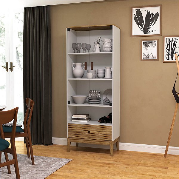 Cristaleira Estilo Retrô 181cm com 2 Portas de Vidro e 1 Gaveta