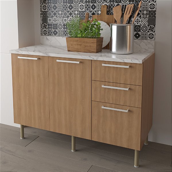 Balcão de Cozinha 120x85cm com 2 Portas 3 Gavetas Prateleira Freijó