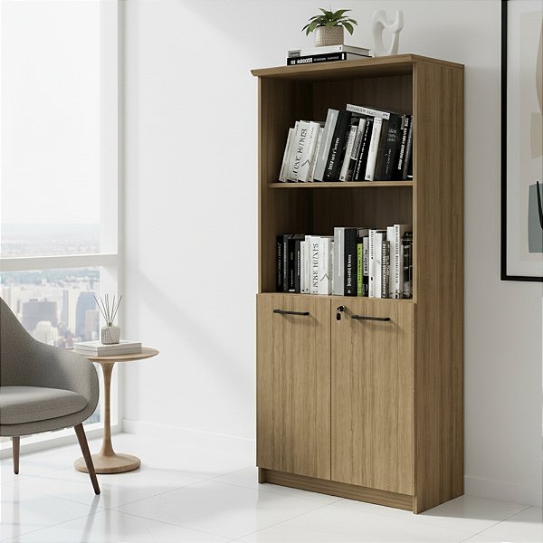 Armário Office 70x155,8cm 2 Portas com Chave 4 Nichos Amêndoa