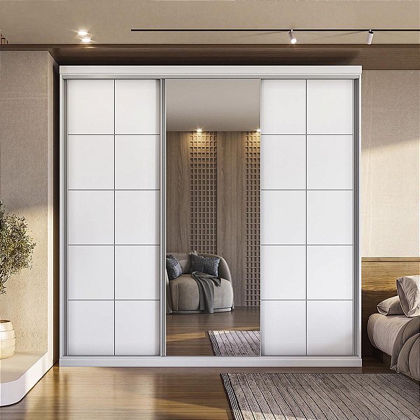 Guarda Roupa South em MDF 219x218cm 3 Portas de Correr com Espelho