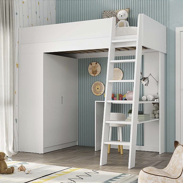 Cama Infantil Mezzo Multifuncional em MDF 194,4x182cm Escada Integrada