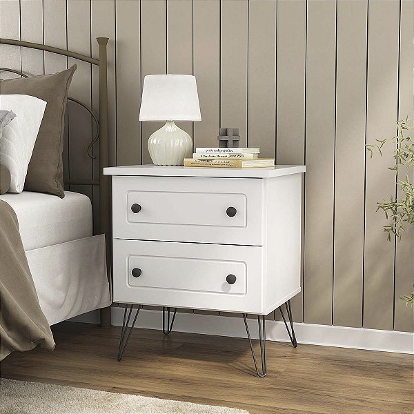 Mesa de Cabeceira Fort em MDF 54x62,5cm com 2 Gavetas e 4 Pés de Metal