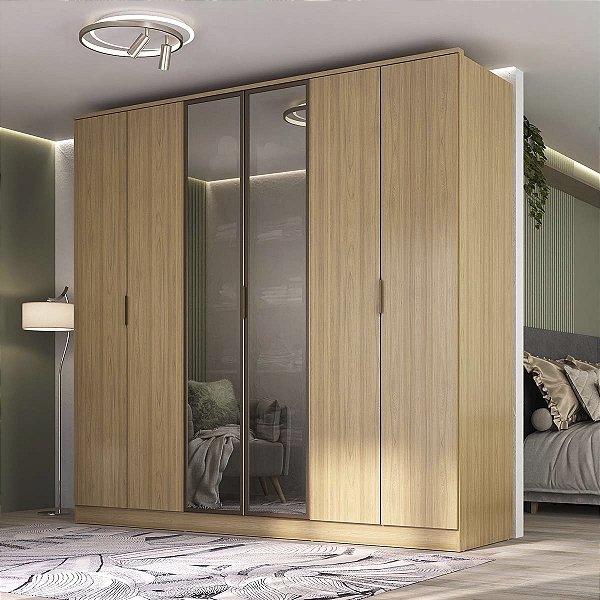 Guarda Roupa Ravi 100% MDF 240x232,2cm 6 Portas e Reflecta com LED