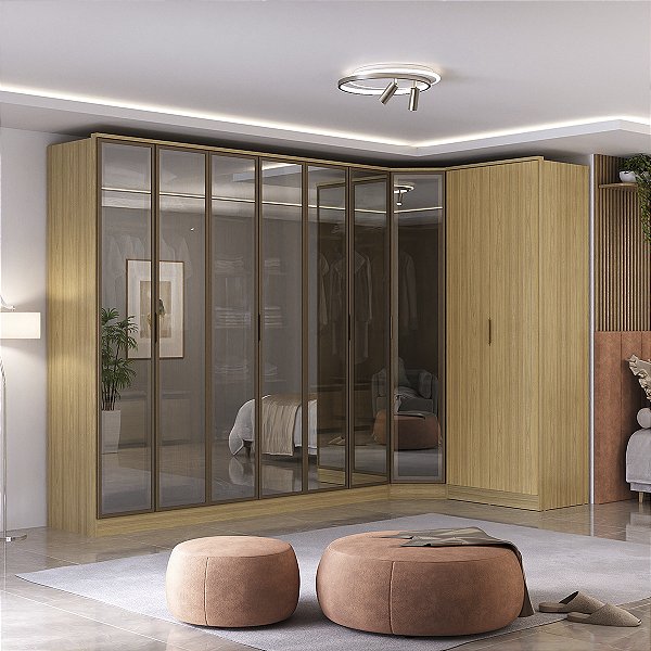 Roupeiro Modulado Ravi em 100% MDF 9 Portas Reflecta 323x232,2cm com LED