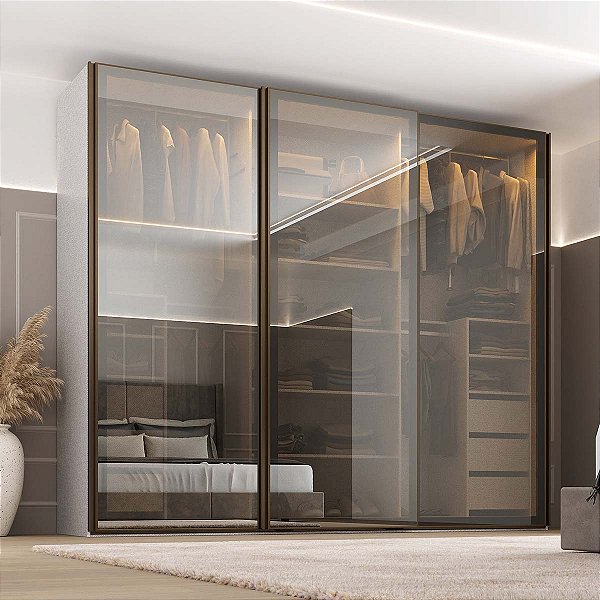 Guarda Roupa Bari em MDF 273x230cm 3 Portas Reflecta com Led