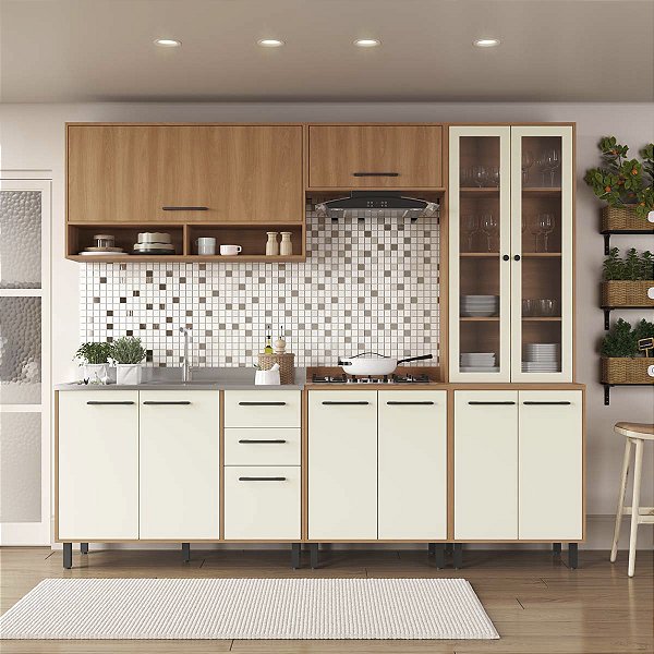Cozinha Modulada Havana Fume 255x220cm 11 Portas 2 Gavetas com Pés