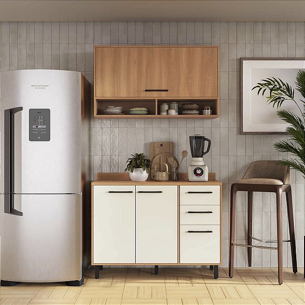 Cozinha Modulada Havana com Tampo 120x220cm 4 Portas 2 Gavetas com Pés