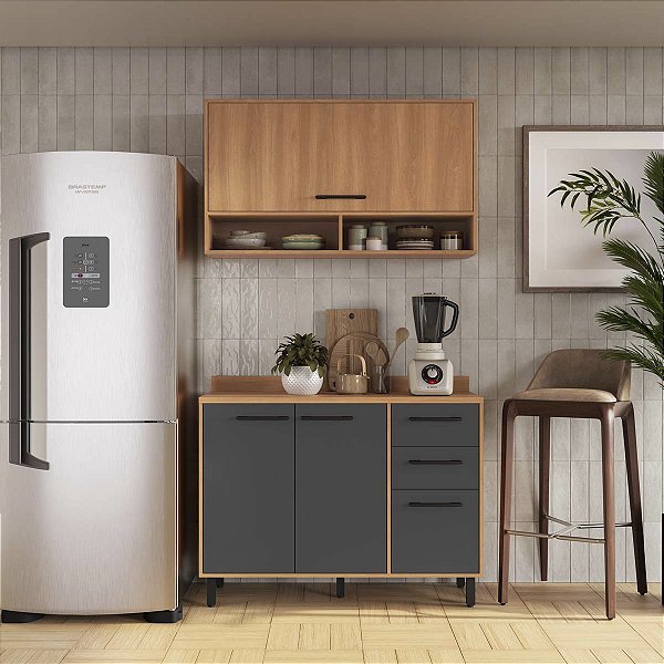 Cozinha Modulada Havana com Tampo 120x220cm 4 Portas 2 Gavetas com Pés