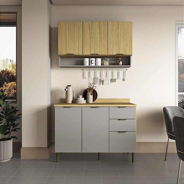 Cozinha Modulada Ibiza MDF 6 Portas 120cm com Tampo e Pés Reguláveis