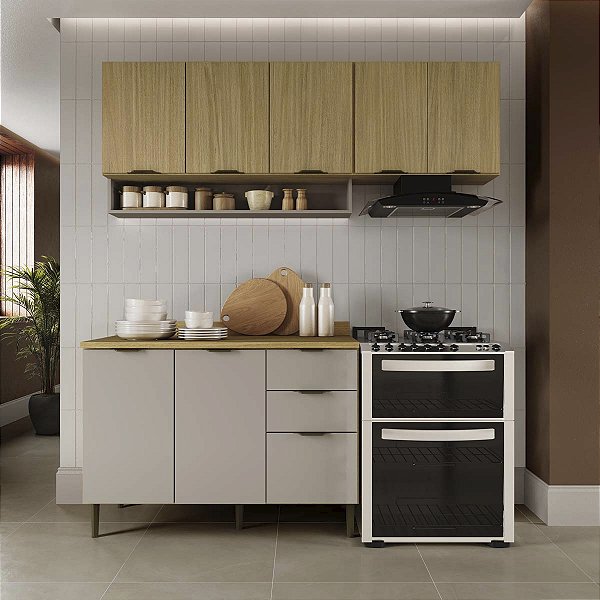 Cozinha Modulada Ibiza MDF 8 Portas 190cm com Tampo e Pés Reguláveis