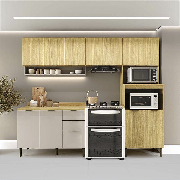 Cozinha Modulada Ibiza MDF 12 Portas 260cm com Tampo e Pés Reguláveis