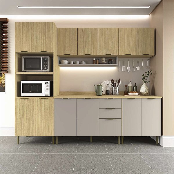 Cozinha Modulada Ibiza em MDF 14 Portas 260cm com Tampo Pés Ajustáveis