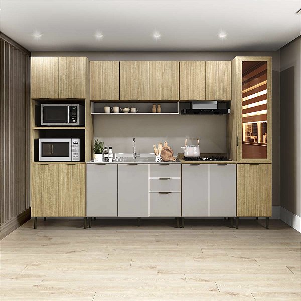 Cozinha Modulada Ibiza MDF 16 Portas 300cm com Tampo e Pés Ajustáveis