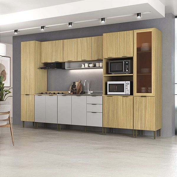 Cozinha Modulada Ibiza MDF 18 Portas 340cm com Tampo e Pés Ajustáveis