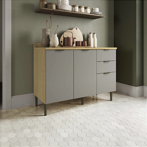 Balcão Cozinha Ibiza em MDF 3 Portas 120cm com Tampo e Pés Ajustáveis