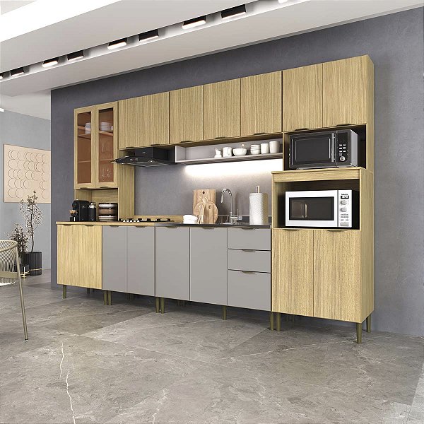 Cozinha Modulada Ibiza MDF 18 Portas 330cm com Tampo e Pés Ajustáveis