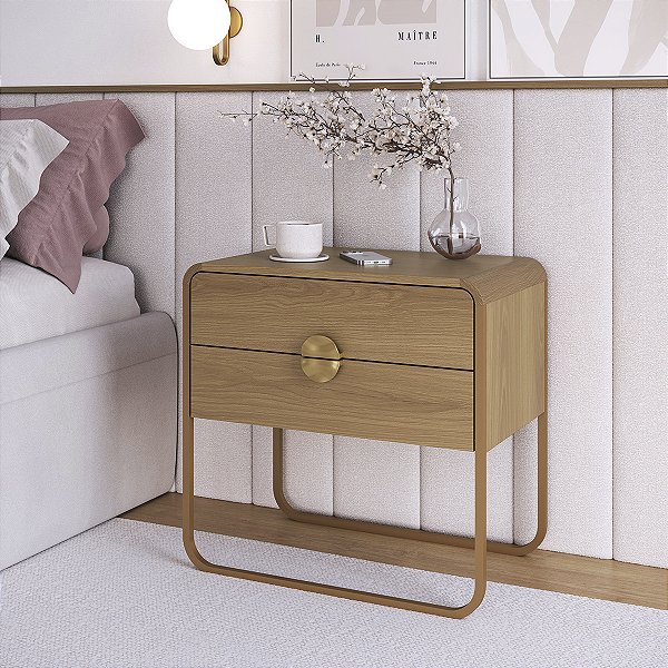 Mesa Cabeceira Orgânica 60x58,5cm com 2 Gavetas e Pés em Metal