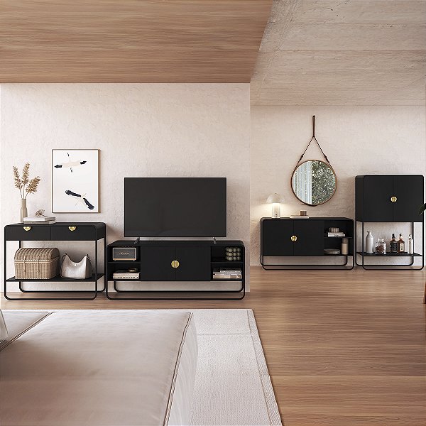 Conjunto Sala Estar Buffet Bar Aparador Rack Orgânico com Pés em Metal