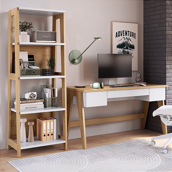 Conjunto para Escritório com Estante e Escrivaninha 3 Gavetas Trend