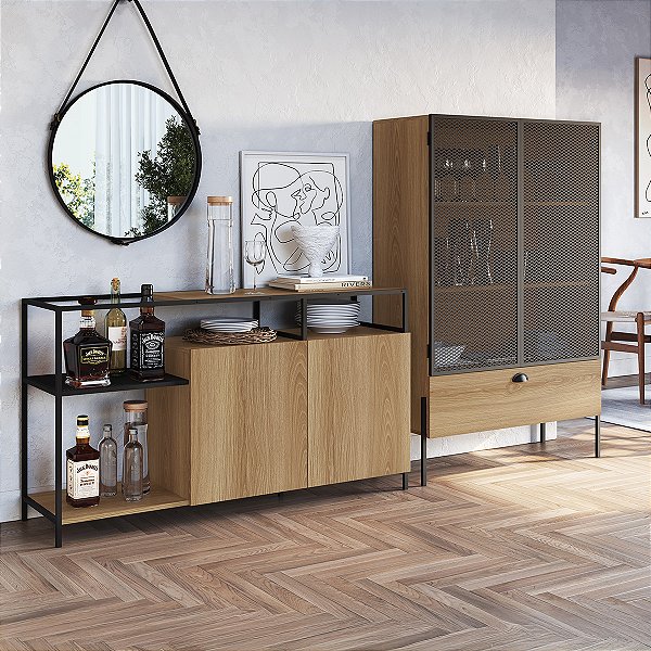 Conjunto Sala de Estar Aparador Buffet e Cristaleira Estilo Industrial