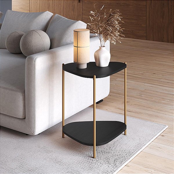 Mesa de Apoio Lateral Orgânica com Prateleira e Pés de Metal