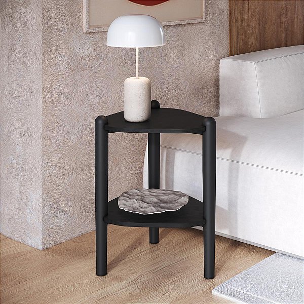 Mesa Lateral Orgânica com Prateleira com Pés de Madeira Maciça