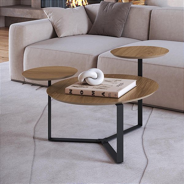 Mesa Centro Orgânica com 3 Tampos Chanfrados e Pés em Metal