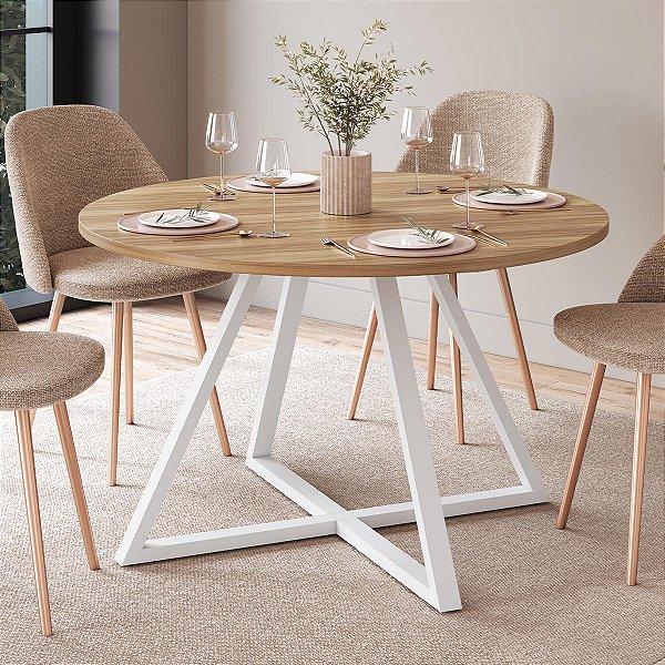 Mesa de Jantar Redonda para 4 lugares 110cm Pés com Estrutura Metálica