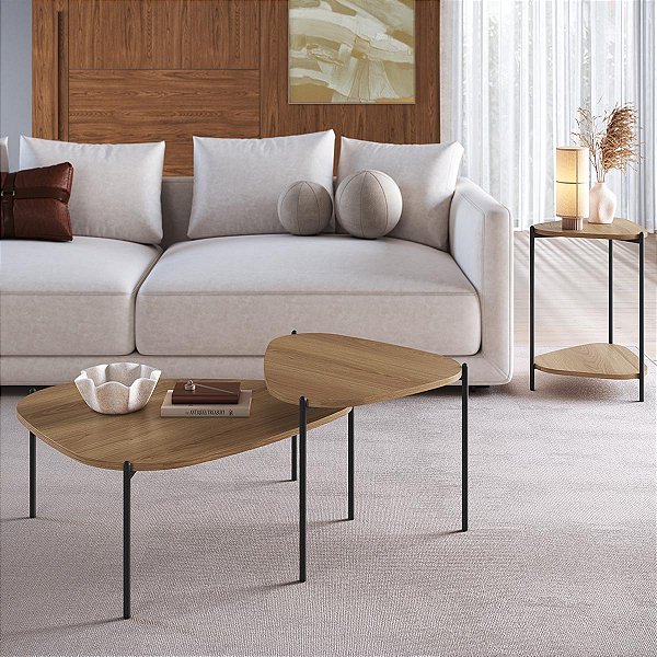 Conjunto Sala de Estar 2 Mesas Centro 1 Mesa Lateral Orgânica Pé Metal