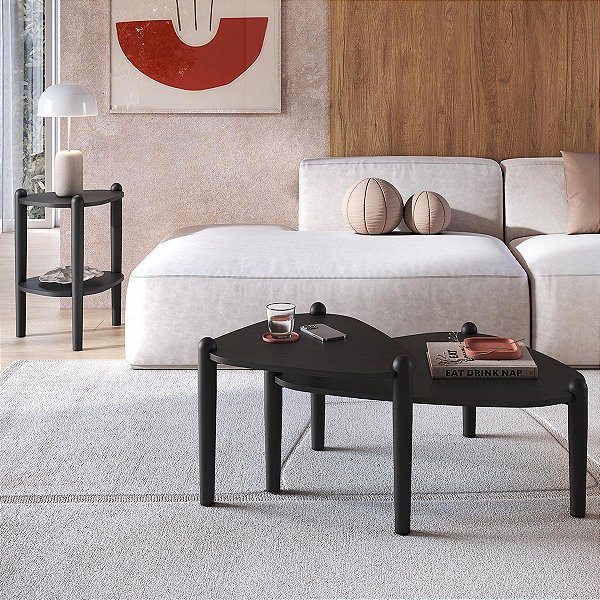 Conjunto Sala Estar 3 Peças Mesa Centro e Lateral Orgânica Pé Madeira