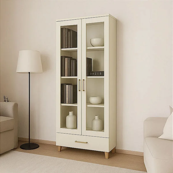 Estante Cristaleira 100% MDF Portas de Vidro com Gaveta e Pés